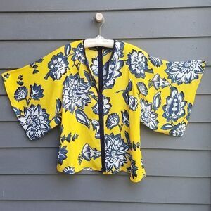 Zara Basic Navy Yellow Floral Kimono Sleeve Sheer V Neck Top Size Small
